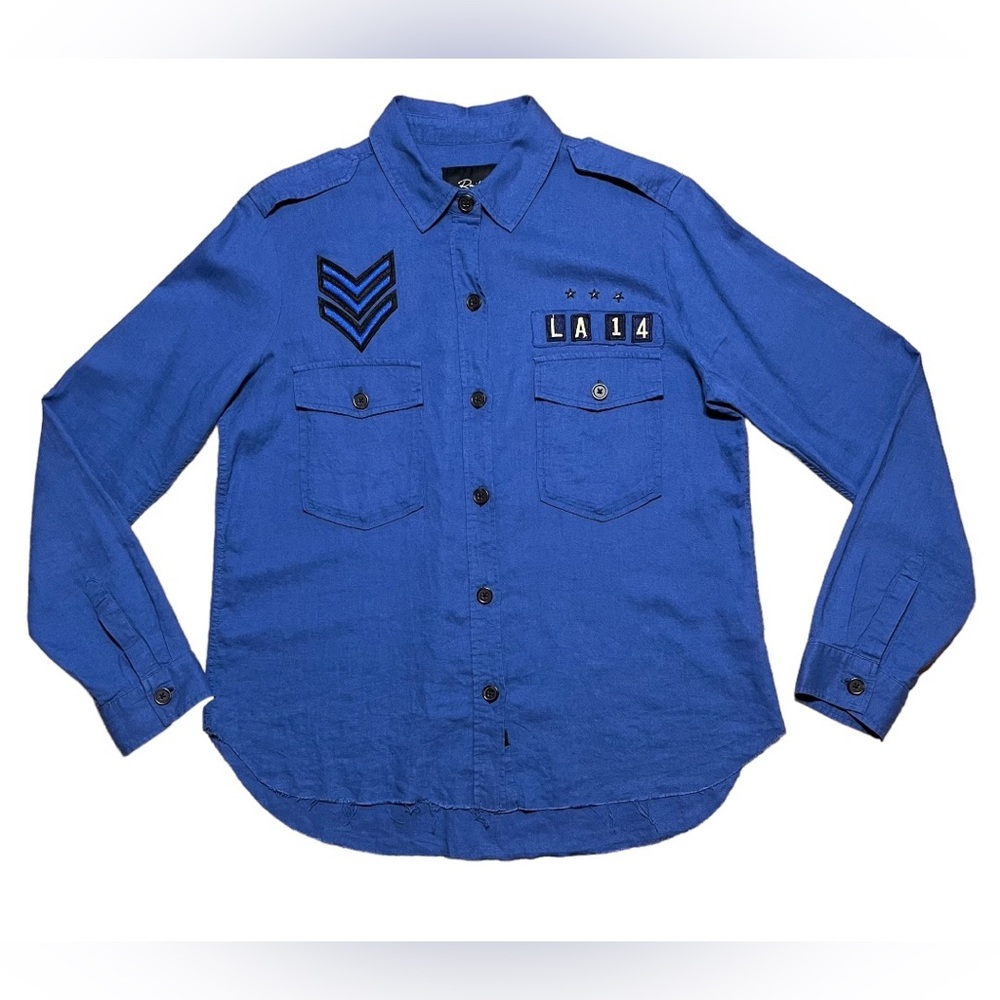 Rails Banks Military Patch Raw Edge Linen Blend Button Down Indigo Shirt Sz XS